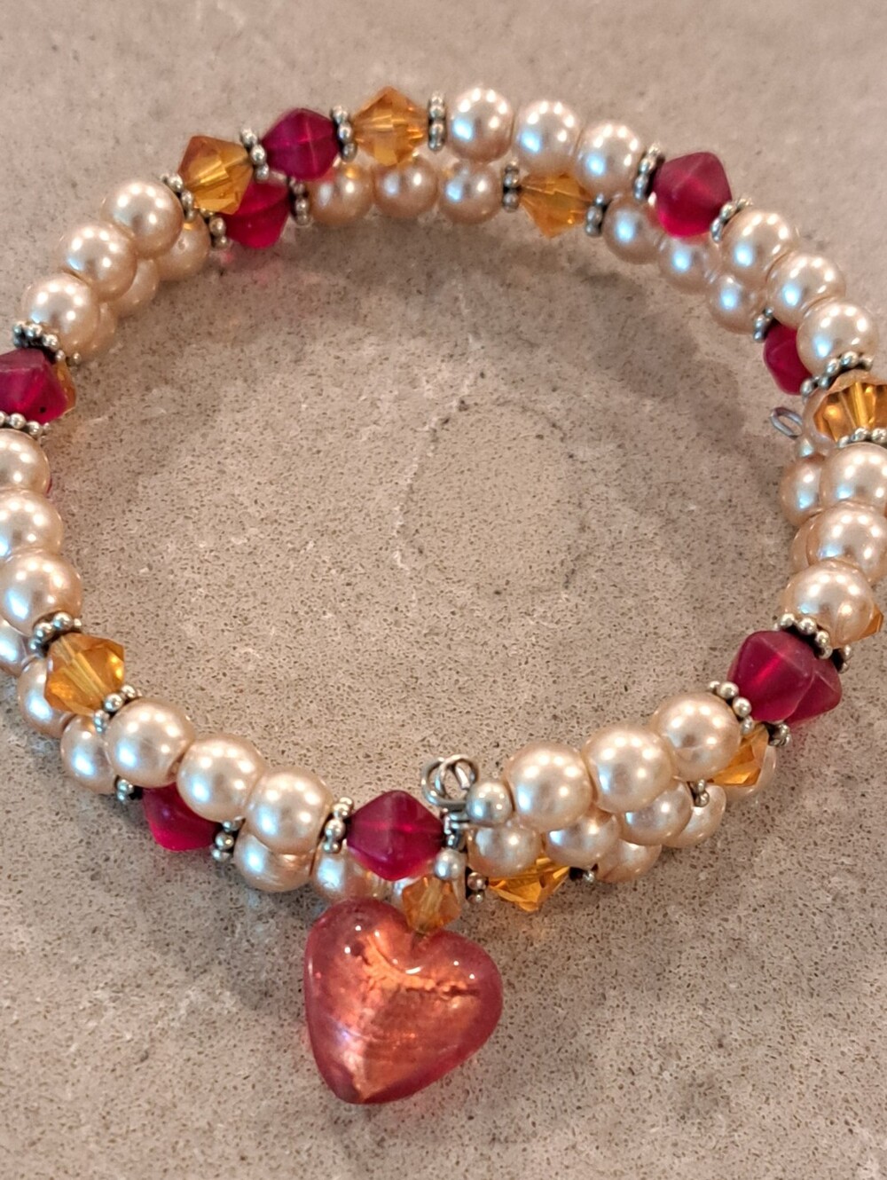 Handmade Orange Heart Pearl Beaded Bracelet